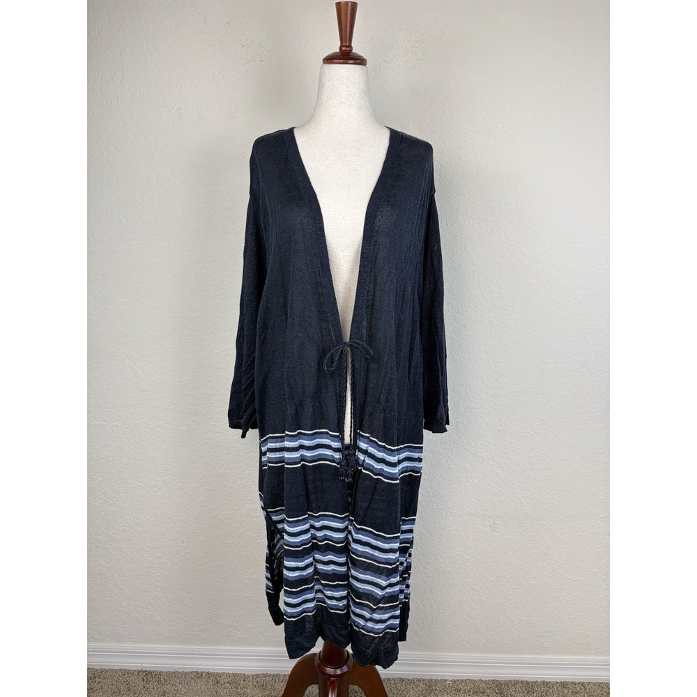 J. Jill 4x Striped Cardigan Linen Open Front Beach Boho Long Blue Duster Relaxed